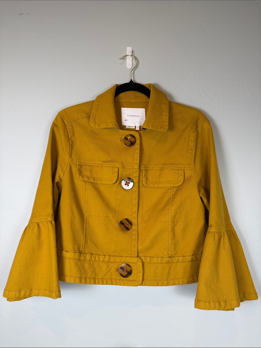 Anthropologie Cropped Trucker Jacket Yellow Size Small Nora Flounce Sleeve